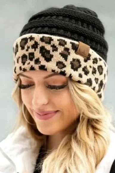 HAT80 Leopard Cuff Rib Beanie