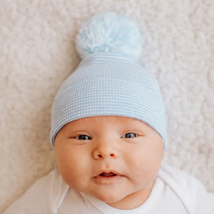 ilybean Striped Baby Blue Pom Pom Newborn Boy Hospital Hat