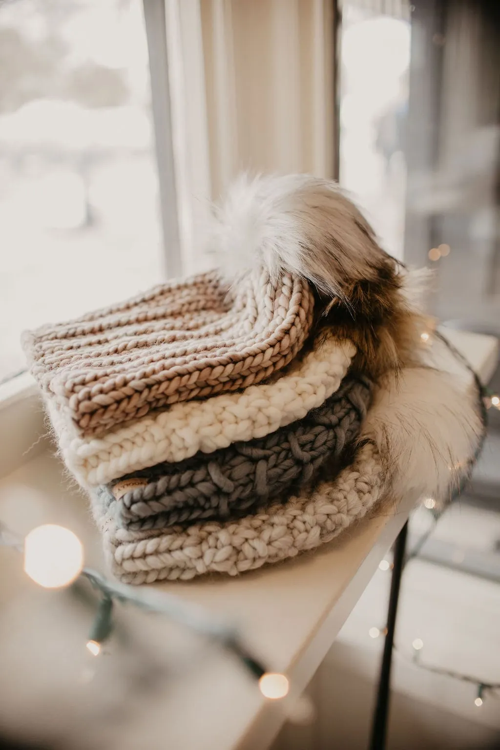 Ivory Peruvian Wool Knit Hat with Faux Fur Pom Pom