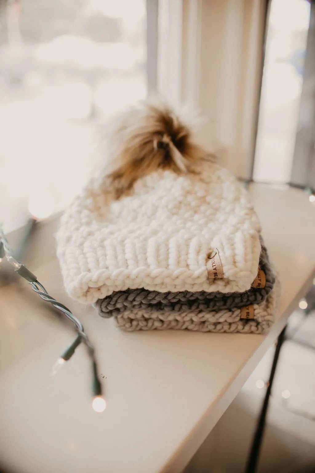 Ivory Peruvian Wool Knit Hat with Faux Fur Pom Pom