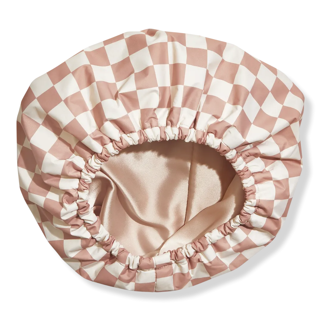 Kitsch - Satin Lined Flexi Shower Cap in Terracotta Checker