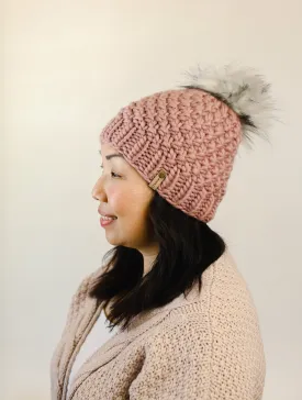 Mauve Peruvian Wool Knit Hat with Faux Fur Pom Pom