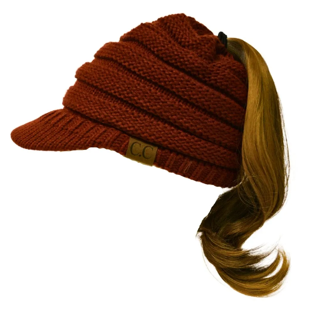 MB 131 - C.C Messy Bun Ponytail Visor Brim Beanie Hat