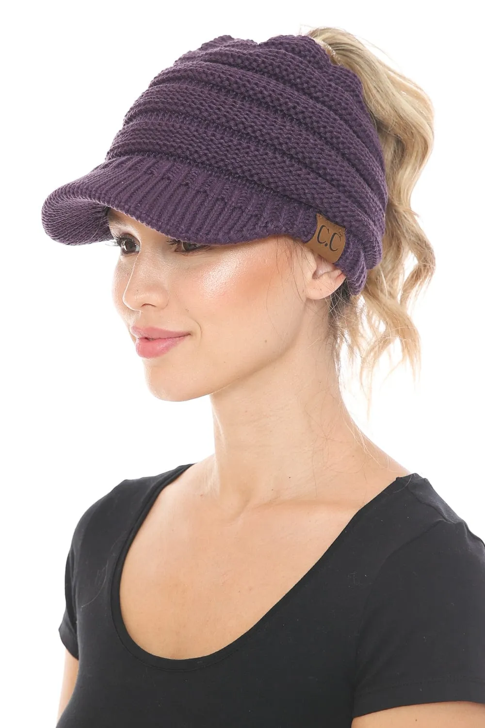 MB 131 - C.C Messy Bun Ponytail Visor Brim Beanie Hat