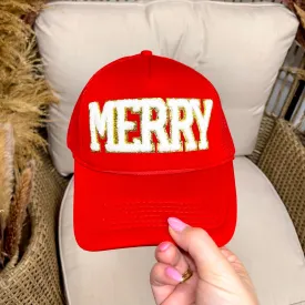 Merry Chenille Letters Foam Trucker Hat in Red