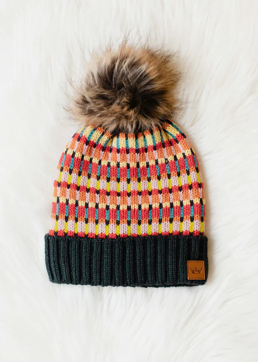 Multicolored Patterned Pom Hat