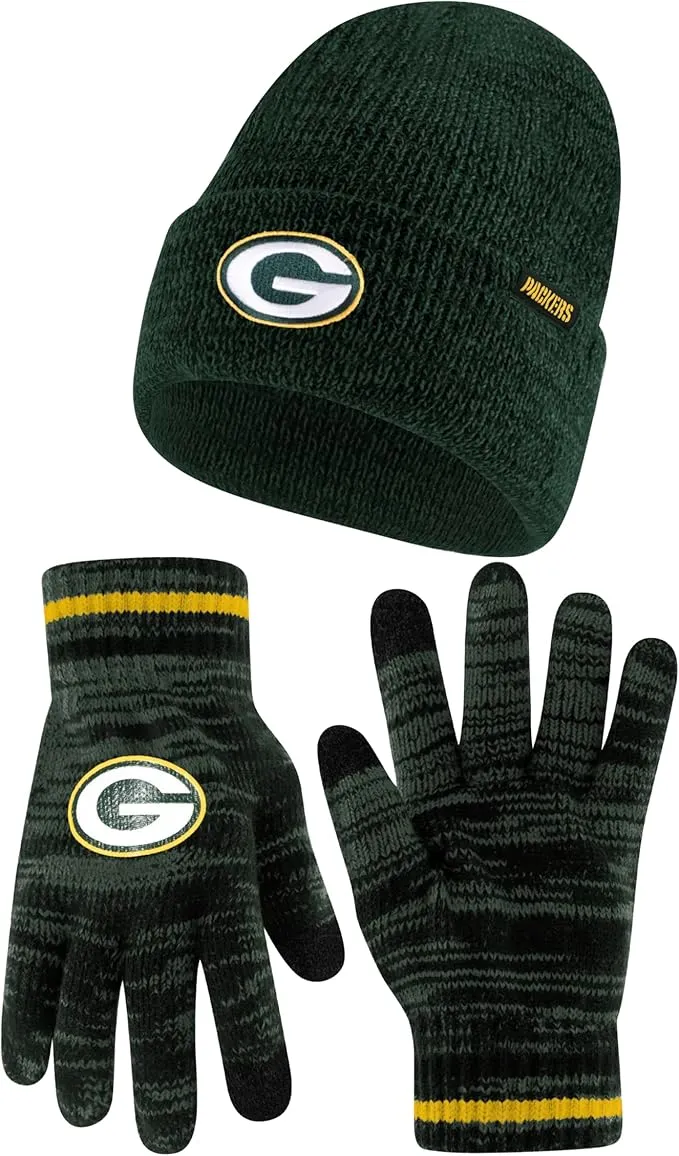 NFL Official Super Soft Marl Knit Winter Beanie Knit Hat with Extra Warm Touch Screen Gloves|Green Bay Packers