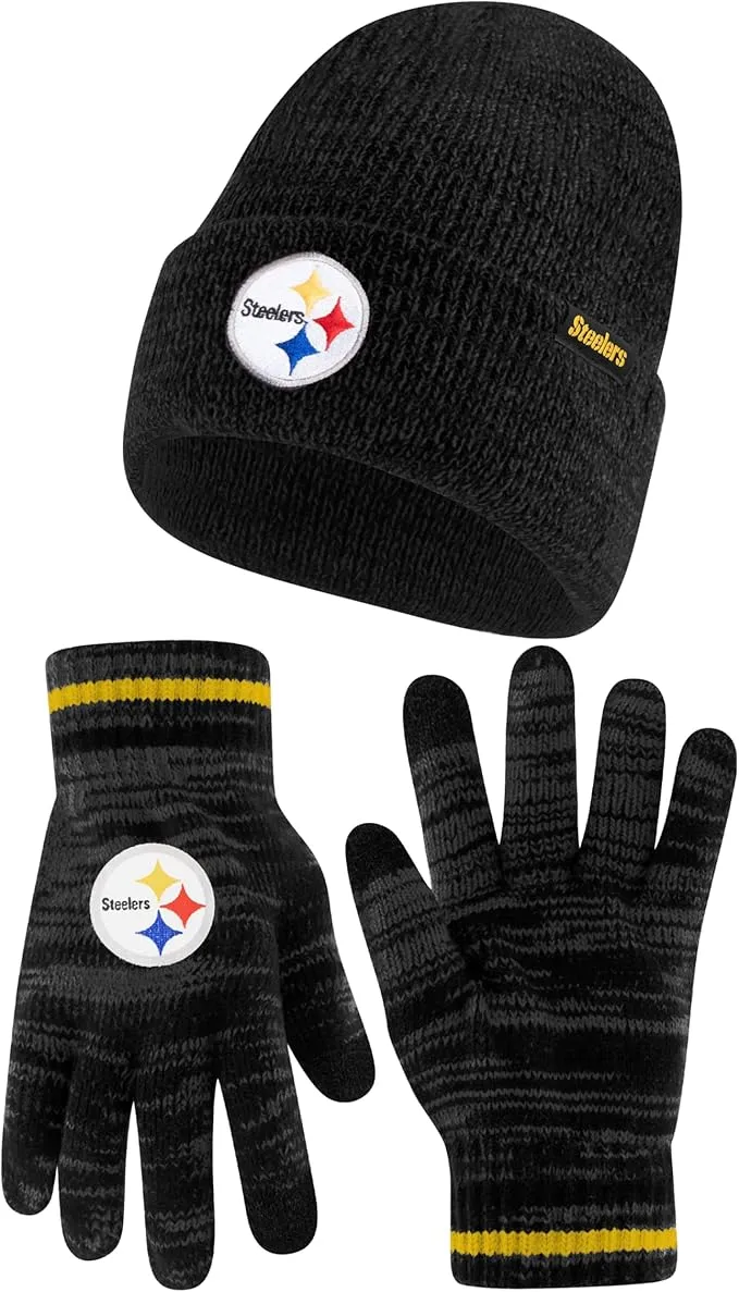 NFL Official Super Soft Marl Knit Winter Beanie Knit Hat with Extra Warm Touch Screen Gloves|Pittsburgh Steelers