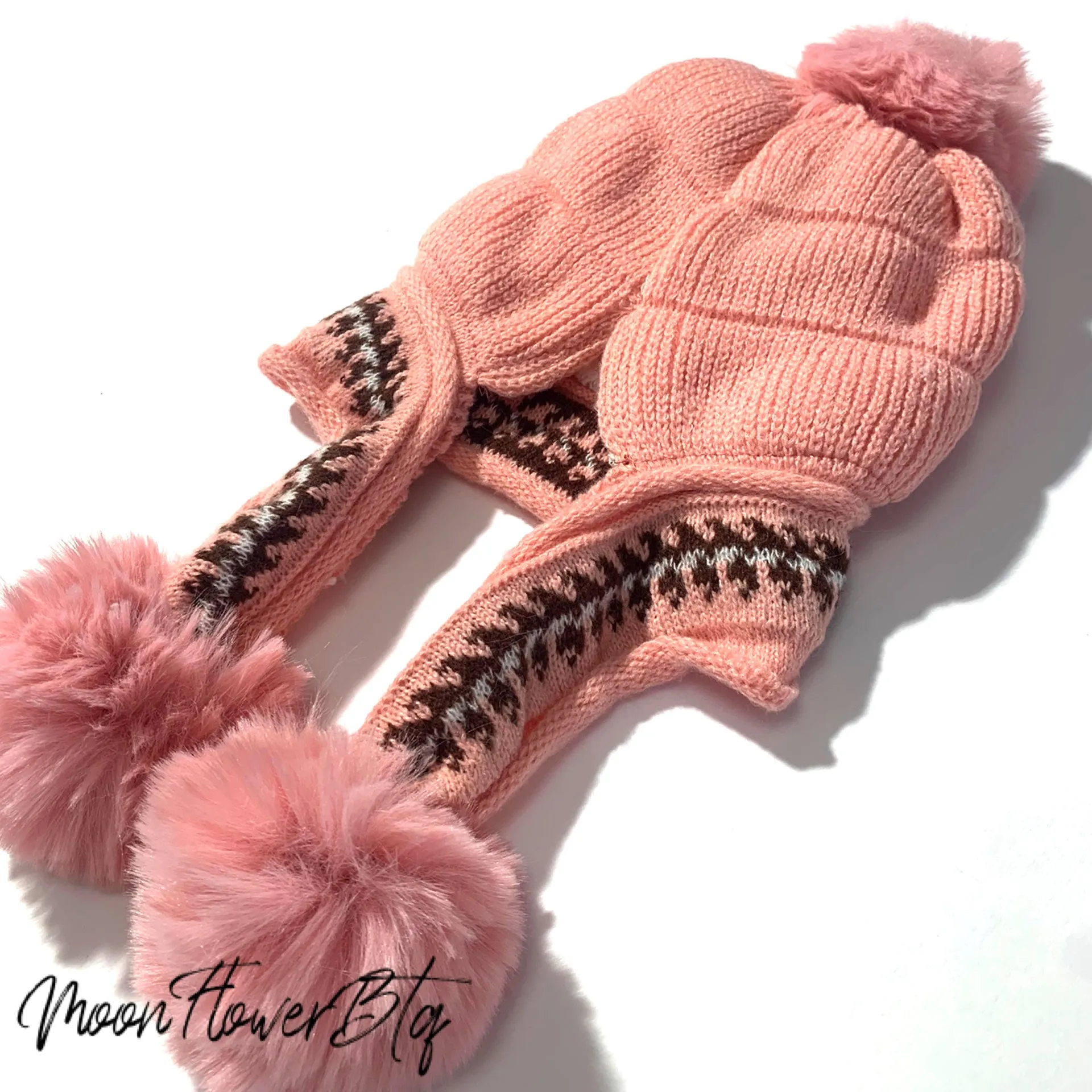 Pink Winter Knit Pom Pom Beanie Hat