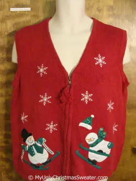 Snowmen Skiing Ugly Red Christmas Sweater Vest