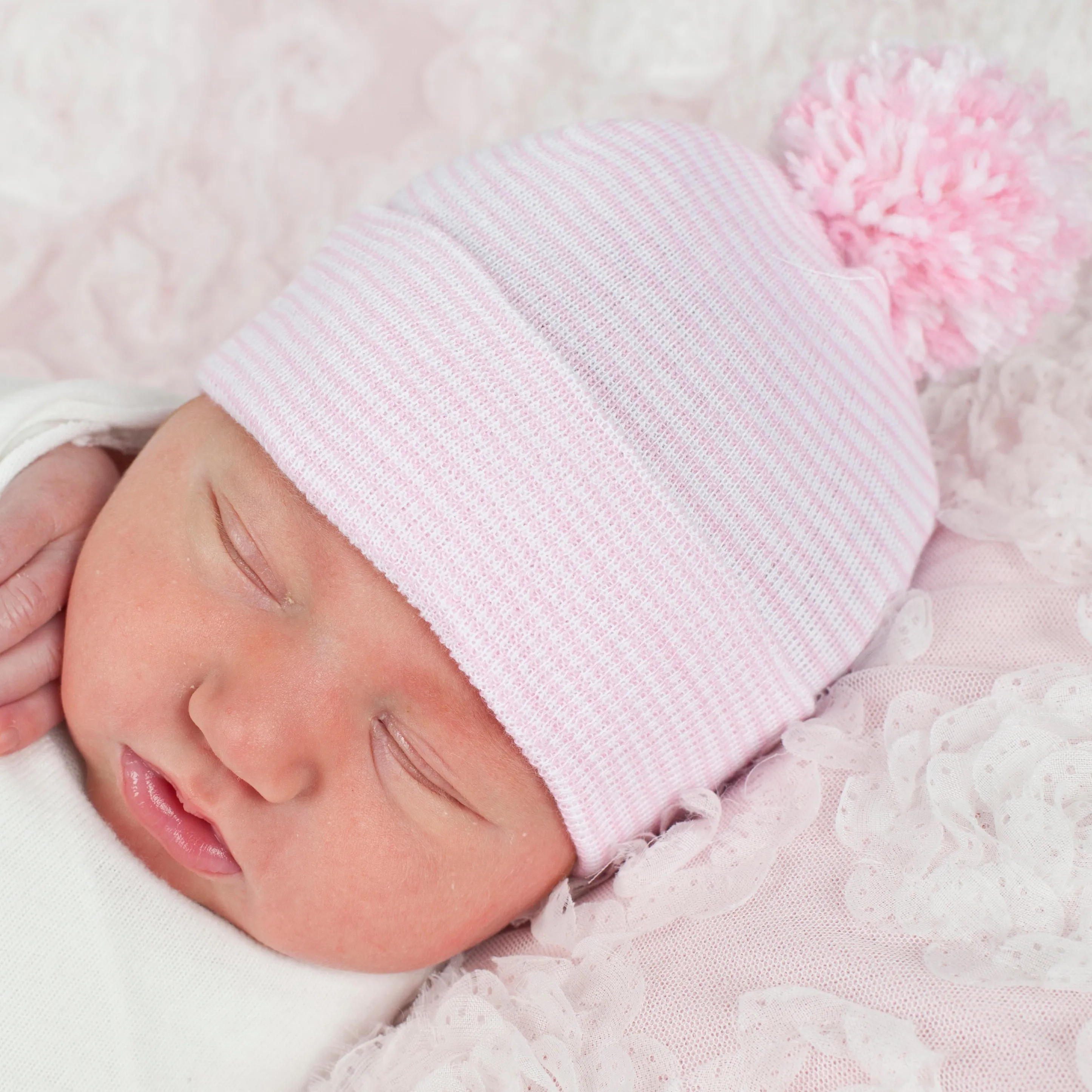 Striped Pink and White Nursery Hospital Hat with Mixed Pink and White Pom Pom Infant Hat Newborn Hat