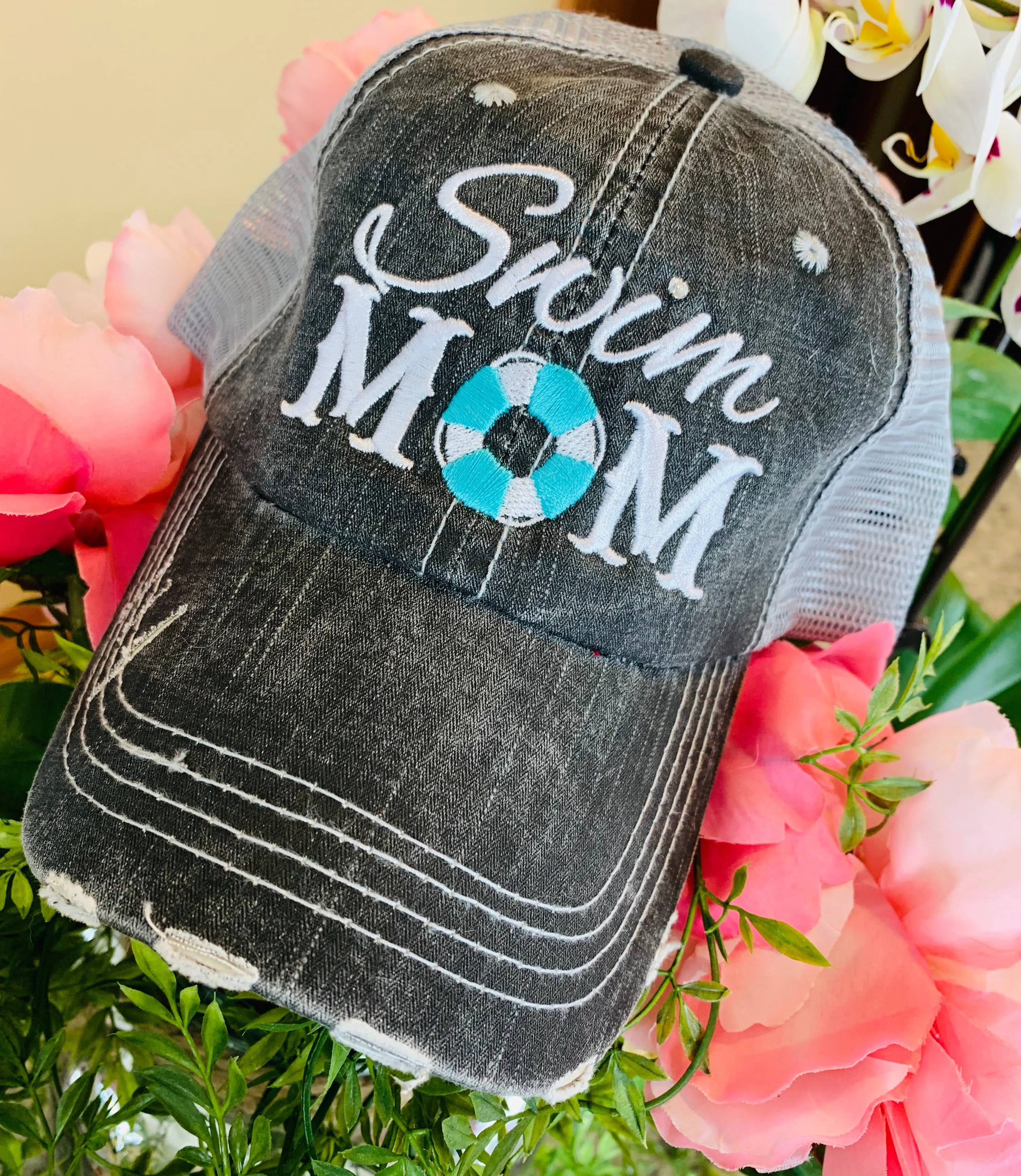 Swim hats Swim mom Swim hair dont care Embroidered distressed trucker caps Personalizable name number BLING