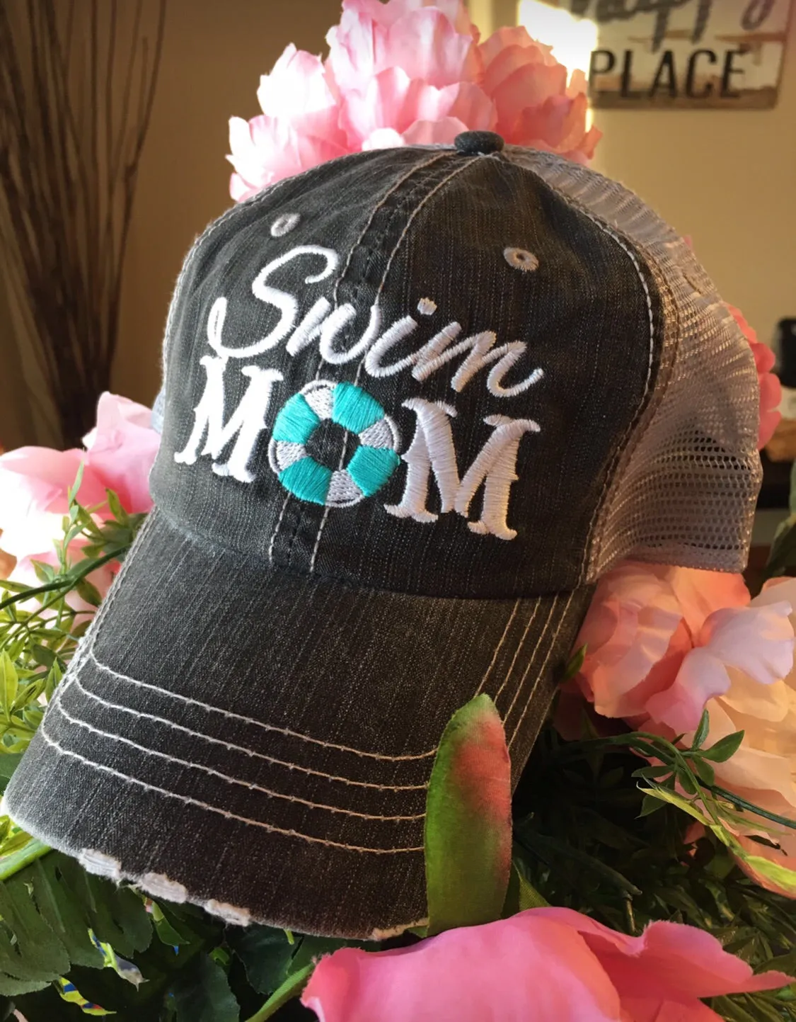 Swim hats Swim mom Swim hair dont care Embroidered distressed trucker caps Personalizable name number BLING