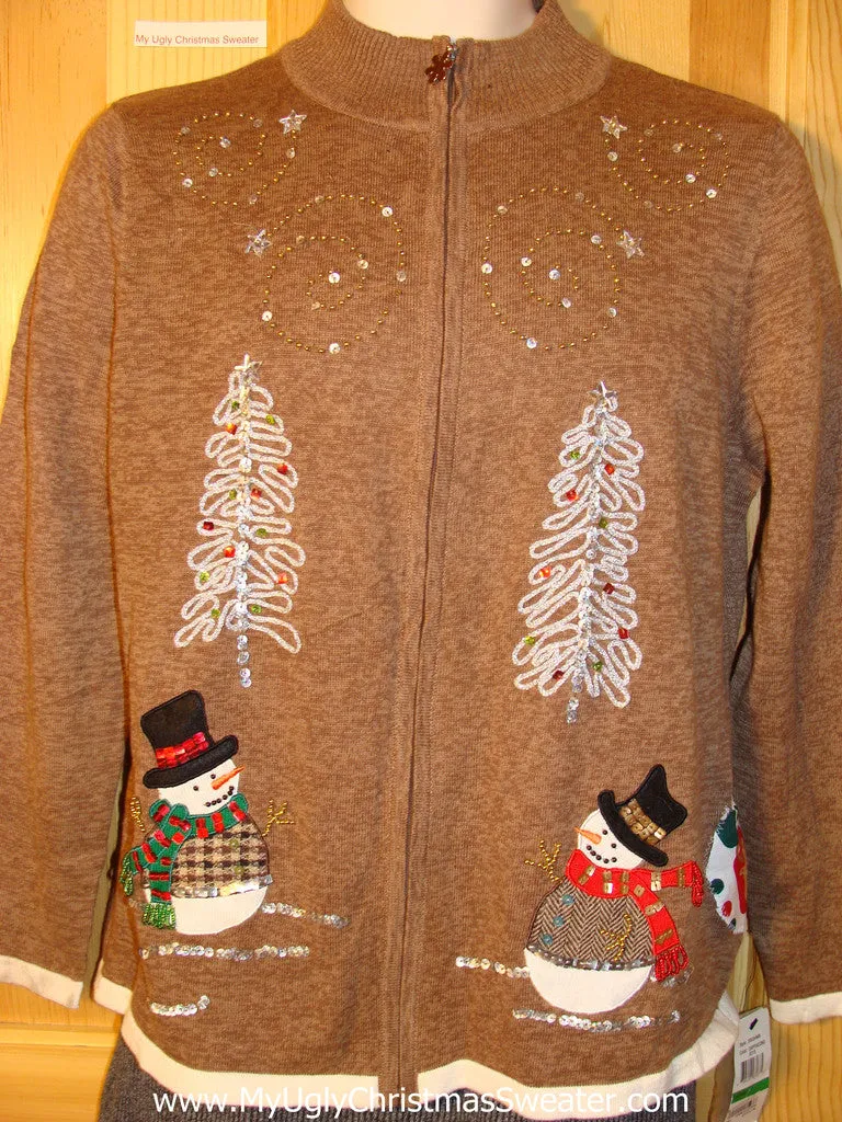 Tacky Brown Ugly Christmas Sweater with Two Top Hat Snowmen with Carrot Noses (f760)