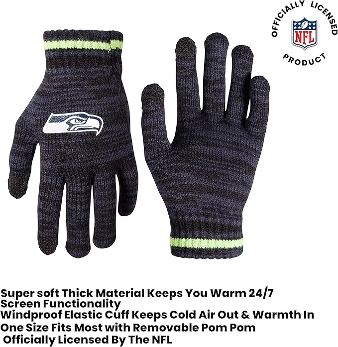 Ultra Game Adults Unisex NFL Official Super Soft Marl Knit Winter Beanie Knit Hat with Extra Warm Touch Screen Gloves|Seattle Seahawks