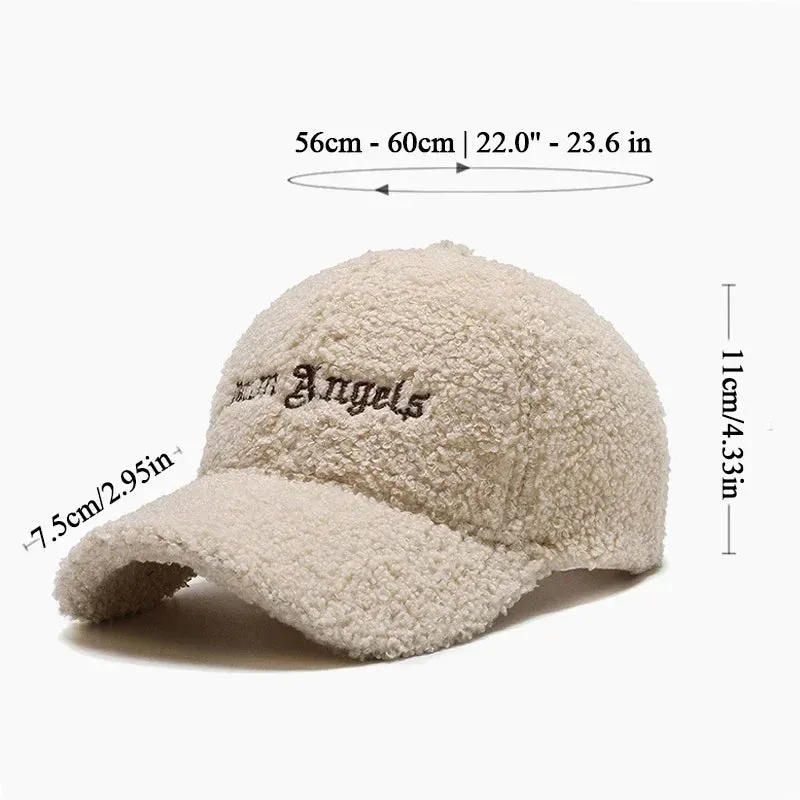 Winter Lamb Fur Hat Baseball Cap Letter Embroidery Women Sun Hat Lady Girls Outdoor Warm Plush Caps Adjustable  Trucker Dad Cap