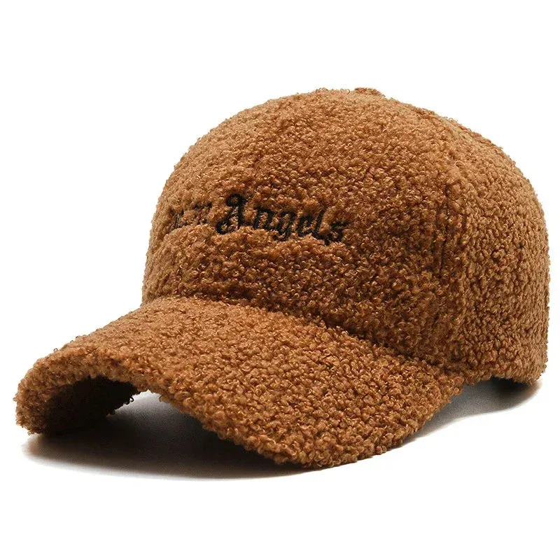 Winter Lamb Fur Hat Baseball Cap Letter Embroidery Women Sun Hat Lady Girls Outdoor Warm Plush Caps Adjustable  Trucker Dad Cap