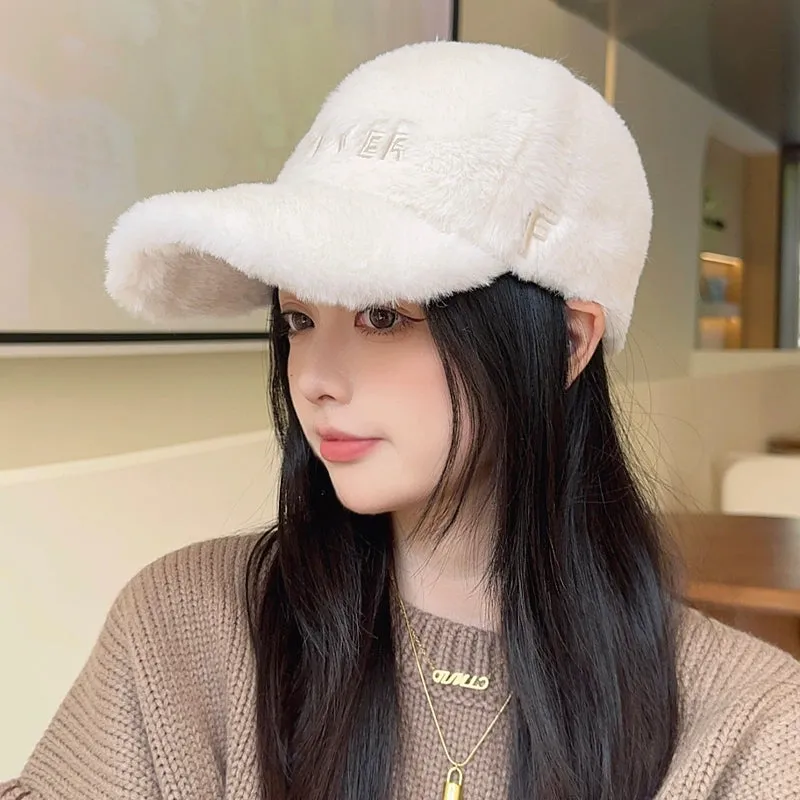 Winter Warm Plush Duck Tongue Hat  Cozy Baseball Cap Set for Women