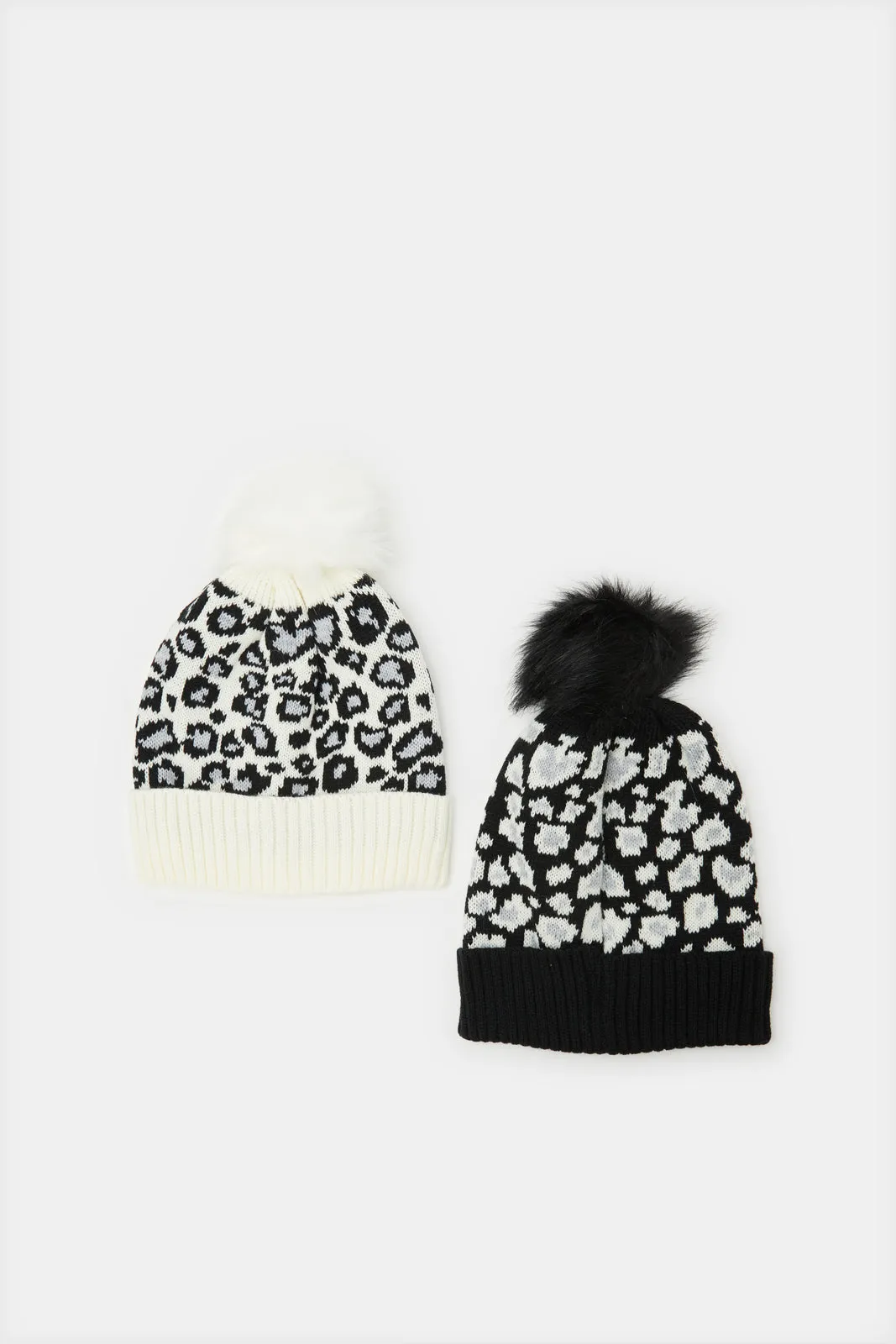 Women Black And White Embellished Knitted Cap Set (2 Piece)