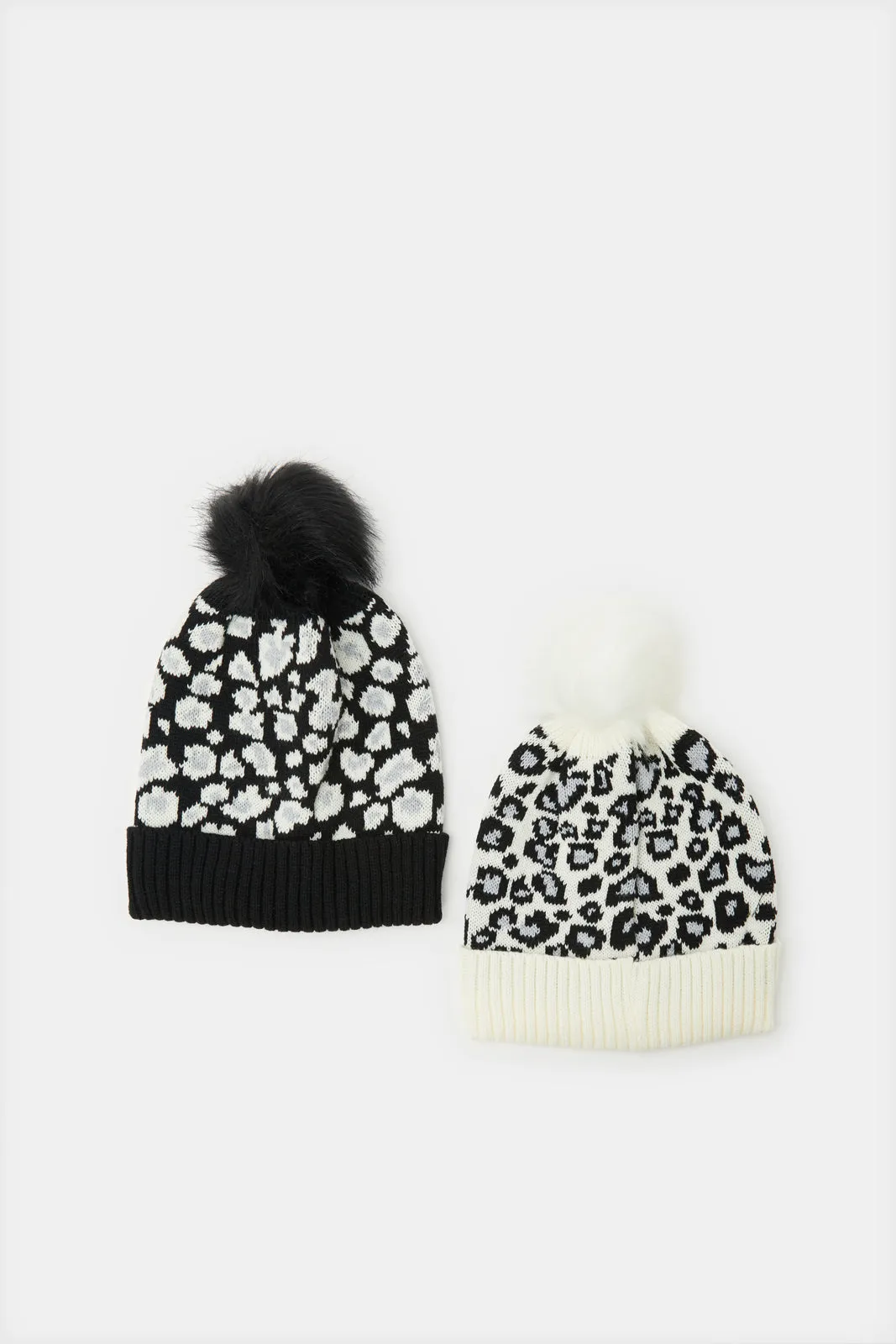 Women Black And White Embellished Knitted Cap Set (2 Piece)