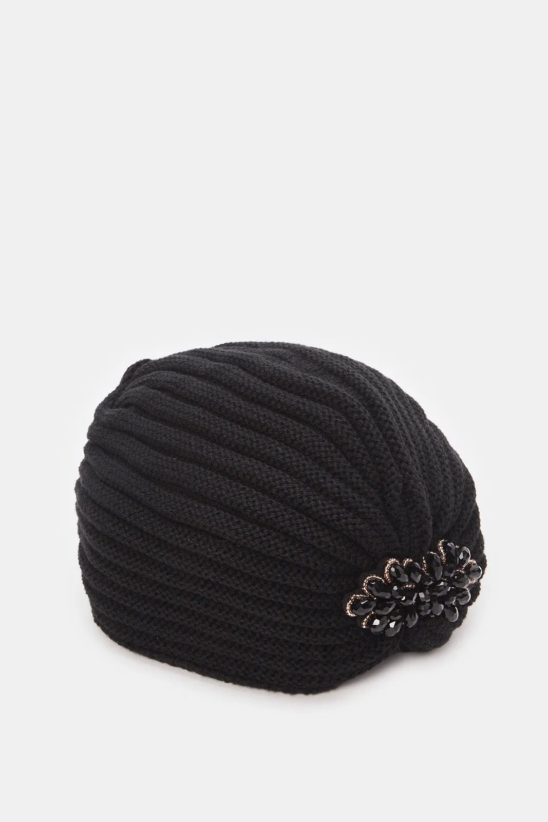 Women Black Embellished Knitted Cap