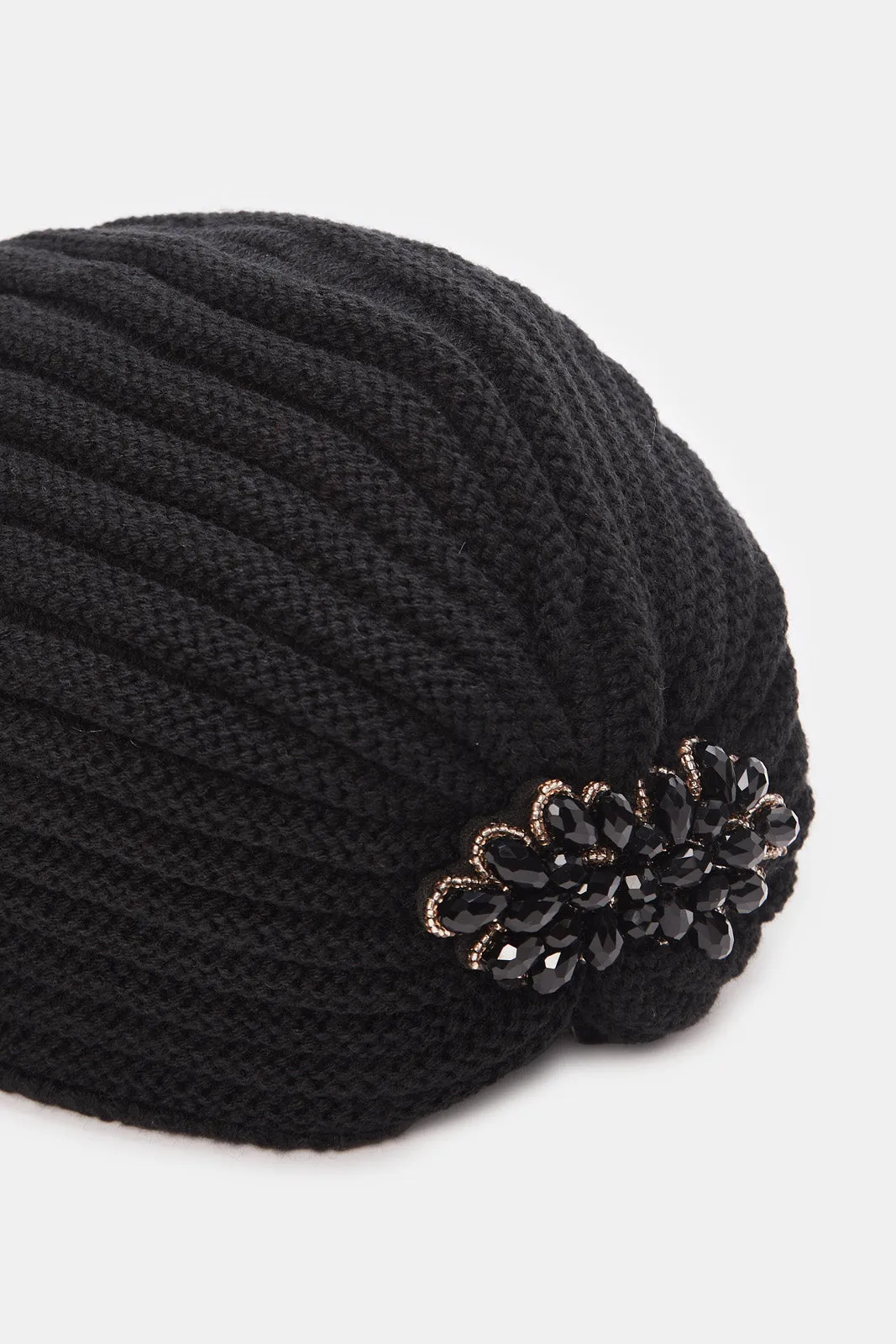 Women Black Embellished Knitted Cap