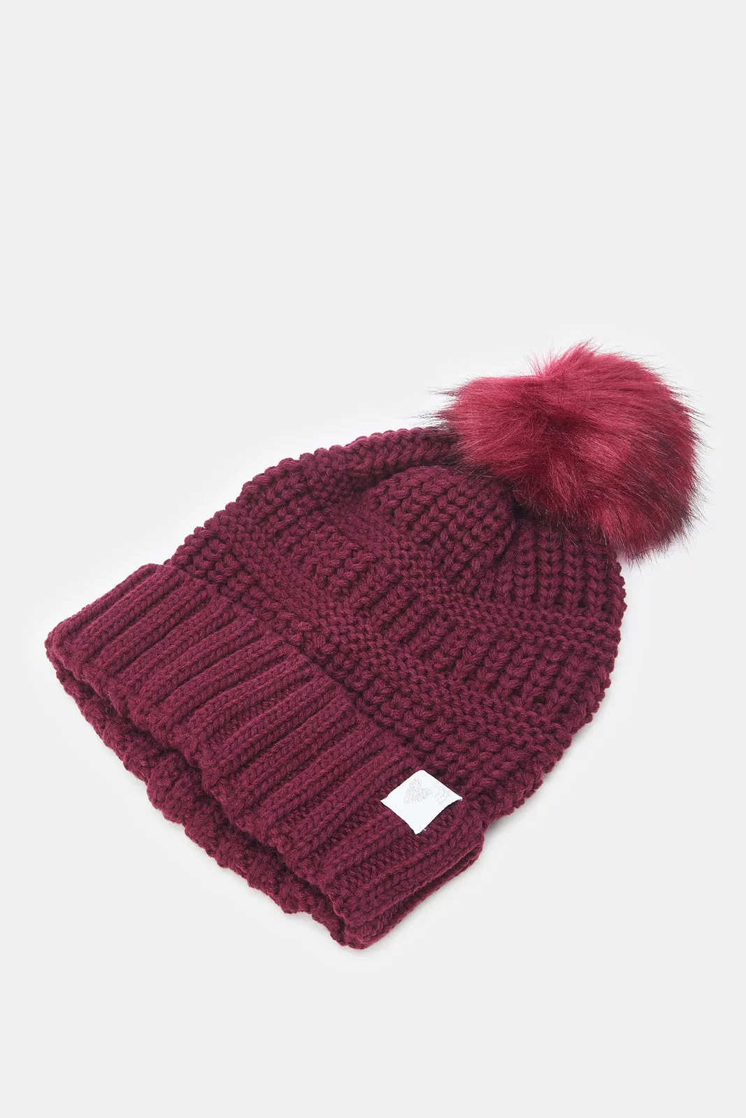 Women Burgundy And Cream Knitted Cap Set (2 Piece)