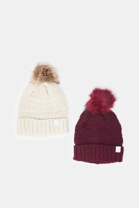 Women Burgundy And Cream Knitted Cap Set (2 Piece)