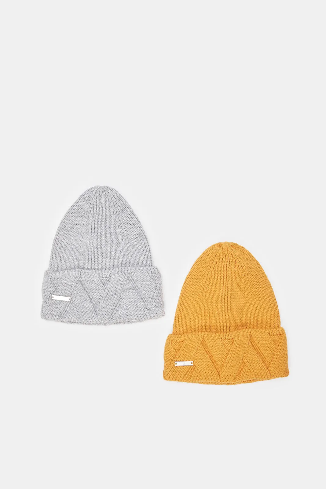 Women Grey And Yellow Knitted Cap Set (2 Piece)