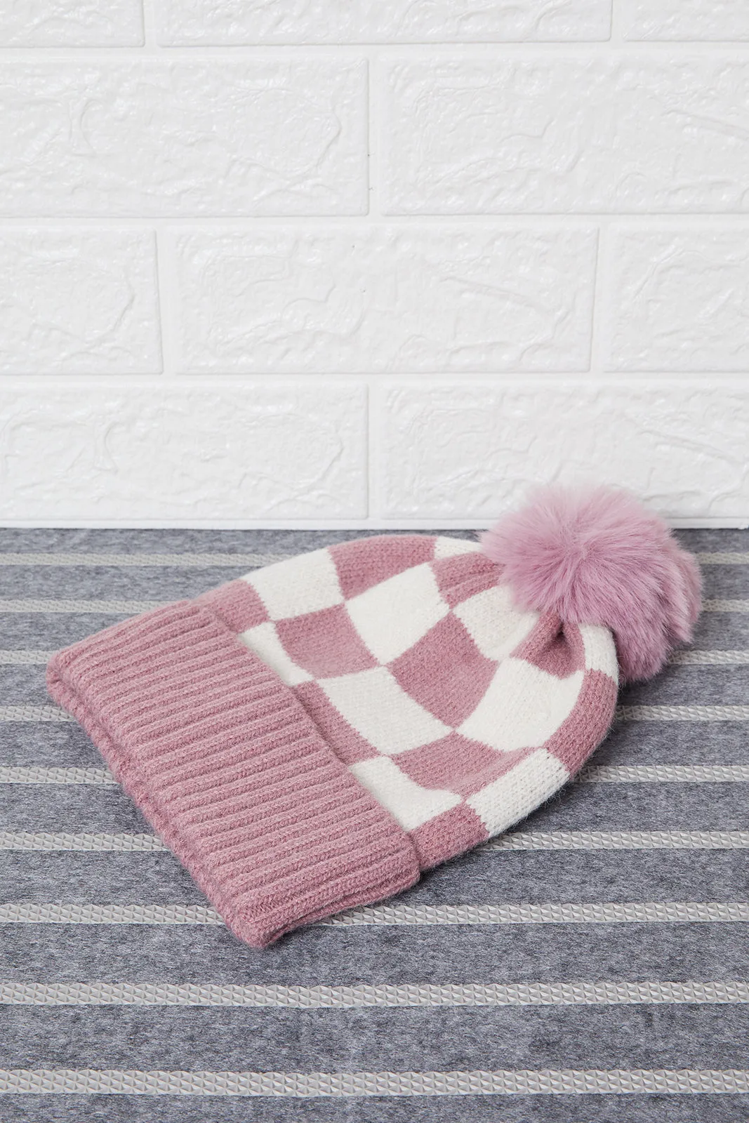 Women Pink And Beige Knitted Cap Set (2 Piece)