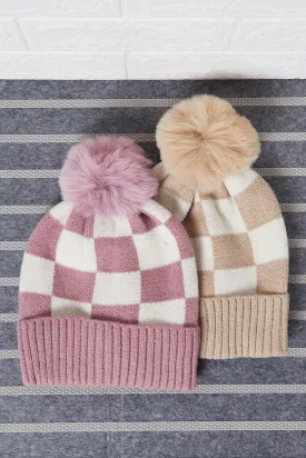 Women Pink And Beige Knitted Cap Set (2 Piece)