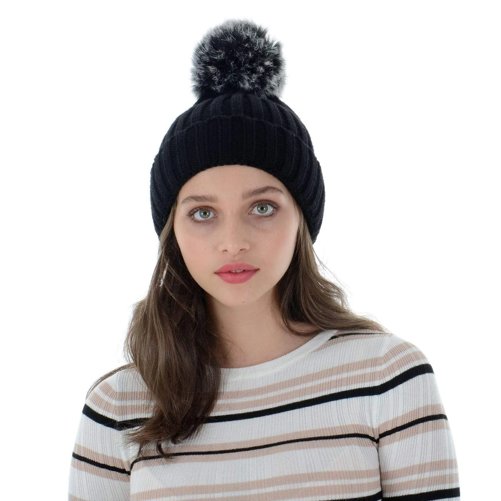 Womens Pom Pom Bobble Beanie Hat Knitted Faux Fur 5 Colours