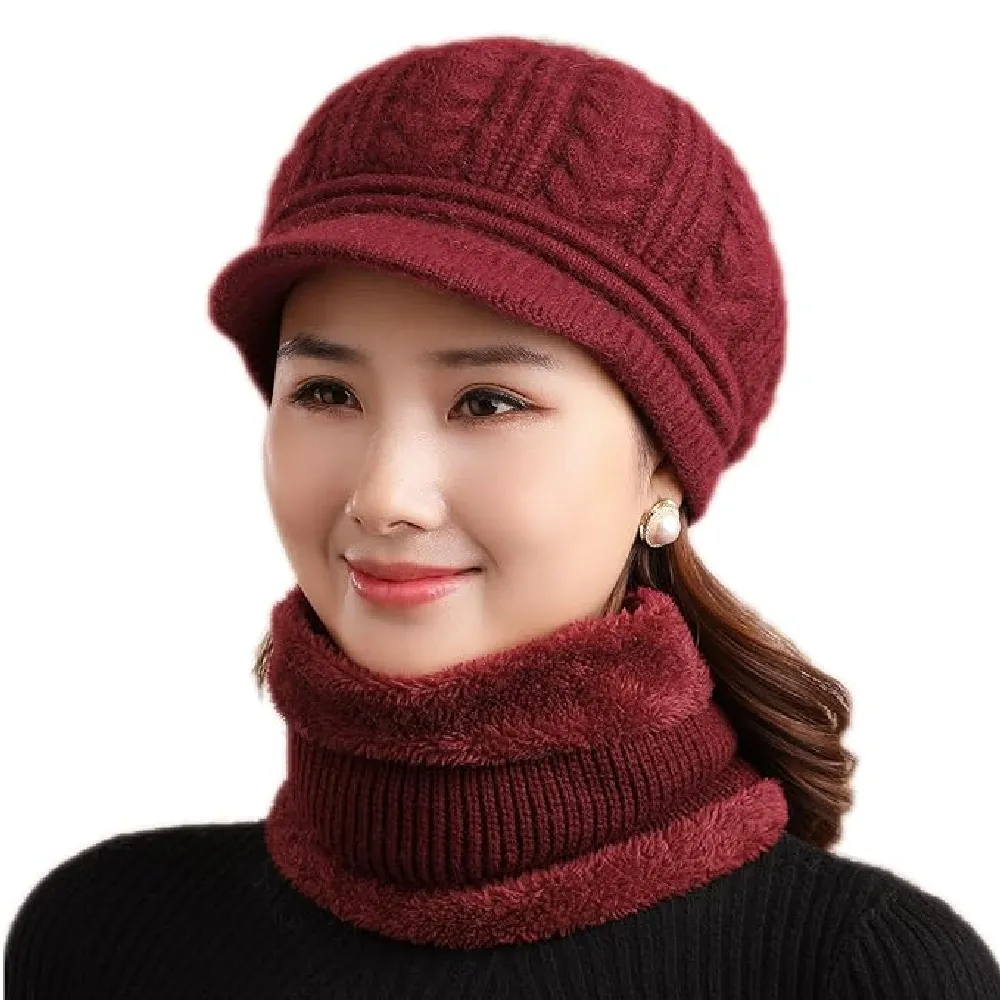 Womens Winter Beanie Hat Scarf | Fleece Lining Warm Knitted Slouchy Beanie