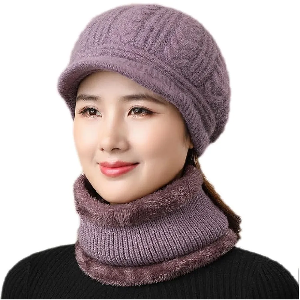 Womens Winter Beanie Hat Scarf | Fleece Lining Warm Knitted Slouchy Beanie